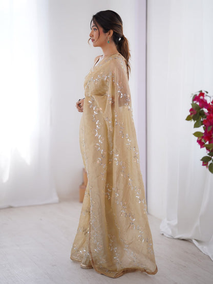 Beige Golden Embroidered Saree with Shimmer Border for Weddings & Festive Events