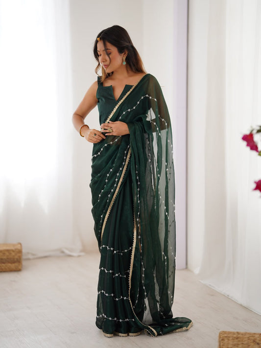 Elegant Dark Green Sequin Embroidered Saree with Golden Border