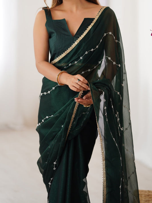 Elegant Dark Green Sequin Embroidered Saree with Golden Border