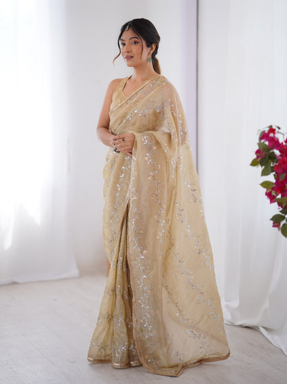 Beige Golden Embroidered Saree with Shimmer Border for Weddings & Festive Events