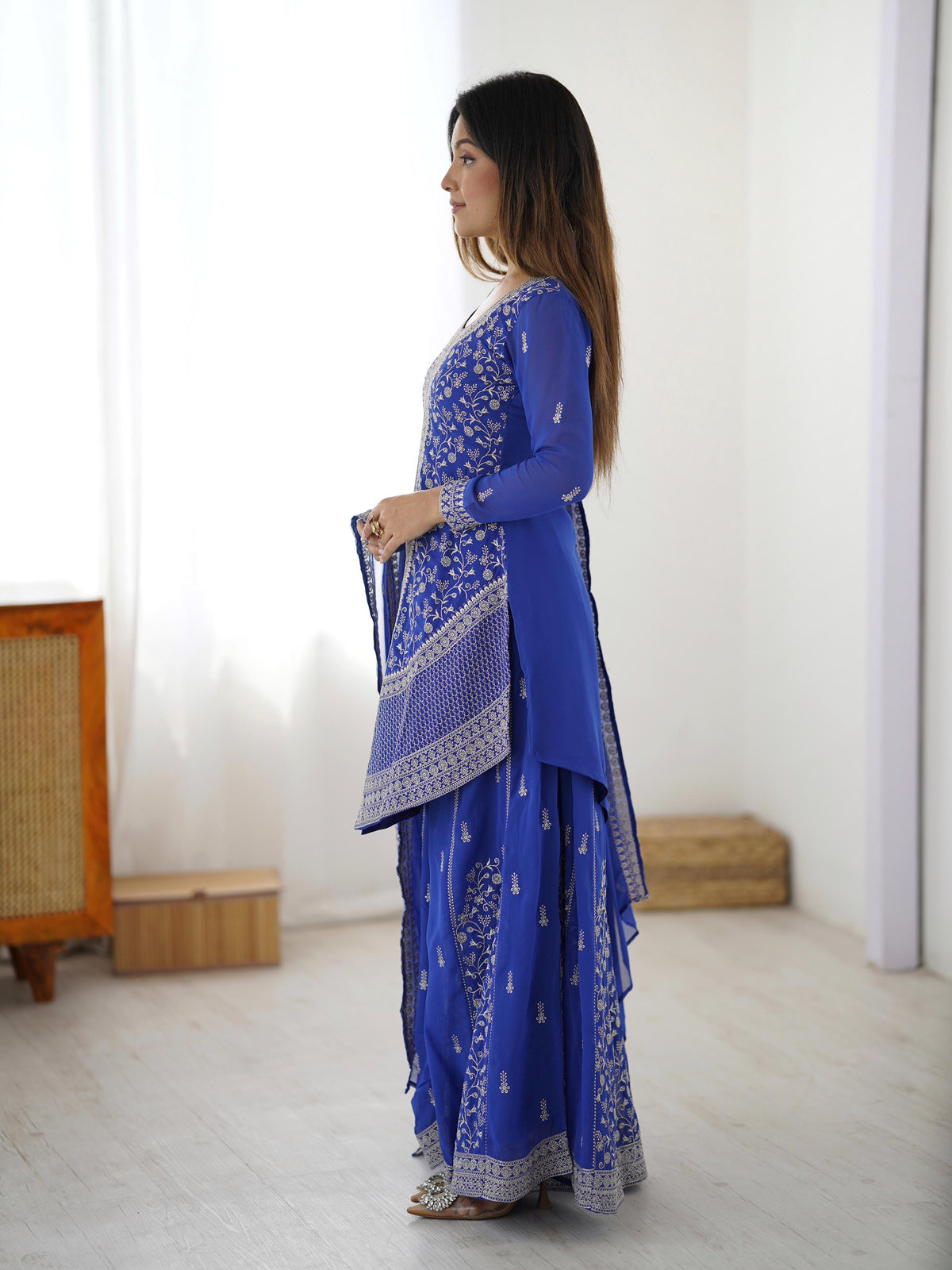 Royal Blue Embroidered Georgette Kurta Sharara Set with Dupatta