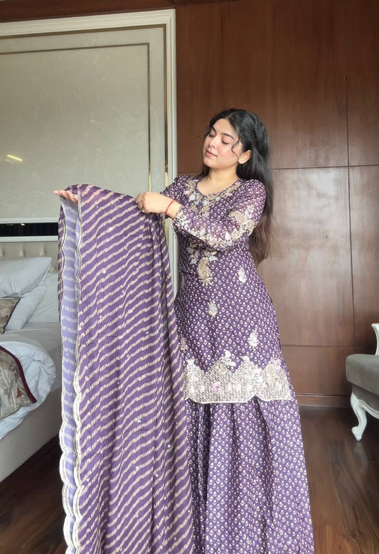 Purple Printed Chinnon Sharara Suit with Embroidered Kurta and Dupatta