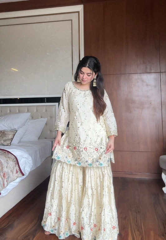 Cream Embroidered Sharara Suit with Floral Kurta and Blue Dupatta
