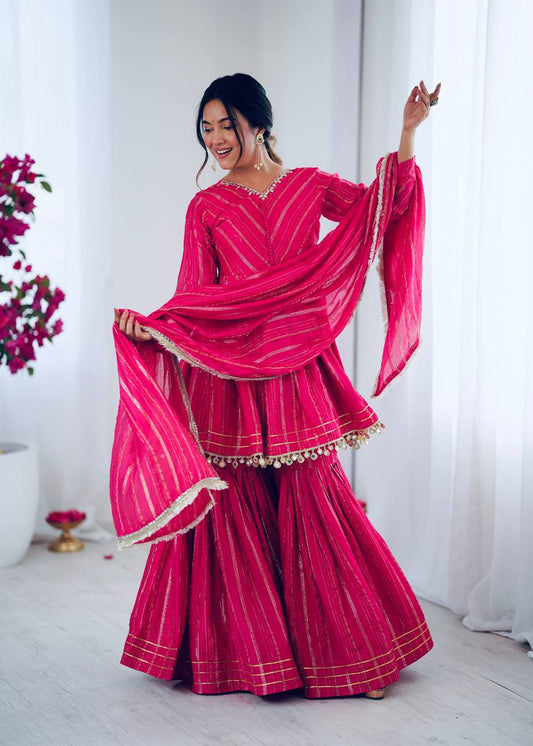 Rani Pink Gota Patti and Real Mirror Embroidered Chanderi Sharara Suit with Dupatta