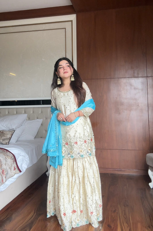 Cream Embroidered Sharara Suit with Floral Kurta and Blue Dupatta