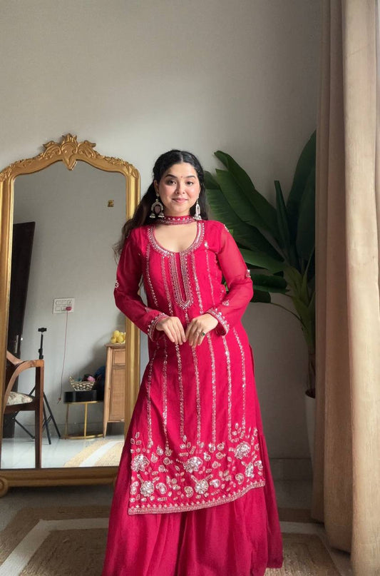 Dark Pink Georgette Sharara Embroidered Kurta with Dupatta