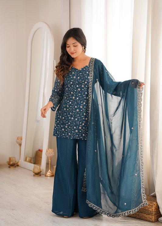 Teal Blue Crunchy Silk Kurti with Bell Bottom Pants & Embroidered Dupatta