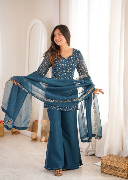 Teal Blue Crunchy Silk Kurti with Bell Bottom Pants & Embroidered Dupatta