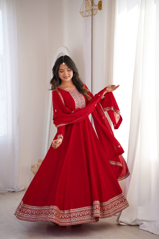 Red Embroidered  Silk Anarkali Gown with Dupatta