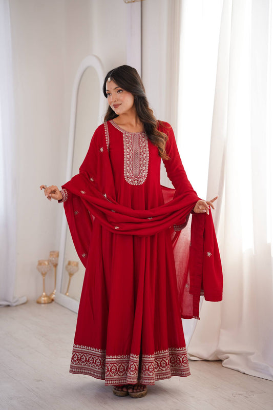 Red Embroidered  Silk Anarkali Gown with Dupatta