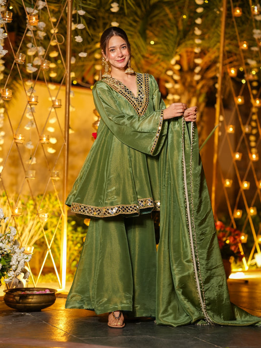 Elegant Green Silk Mirror-Work Sharara Suit Set for Festive & Wedding Functions