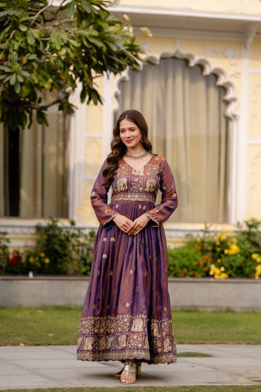 Purple Embroidered Anarkali Gown with Elephant Border & Dupatta