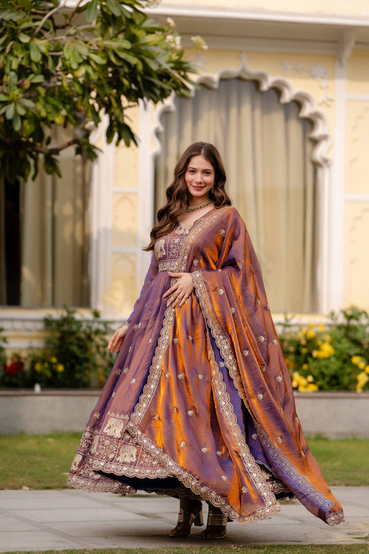 Purple Embroidered Anarkali Gown with Elephant Border & Dupatta