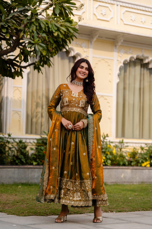 Olive Green Embroidered Anarkali Gown with Elephant Border and Dupatta
