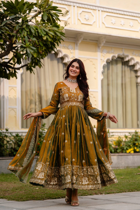 Olive Green Embroidered Anarkali Gown with Elephant Border and Dupatta