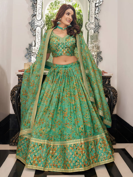 Sea Green Organza Lehenga Choli with Floral Print Dupatta