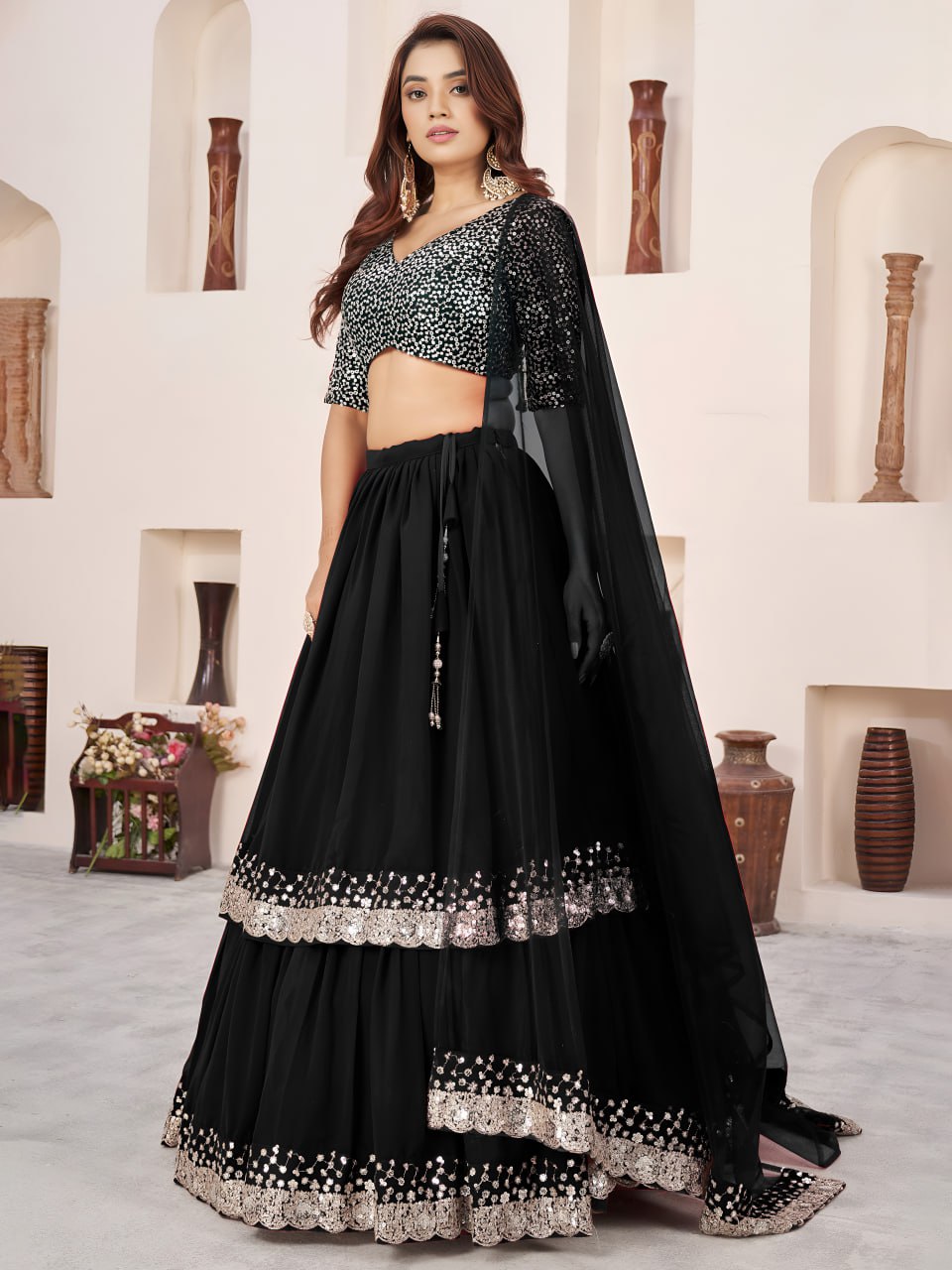 Black Georgette Lehenga Choli with Zari & Sequin Work