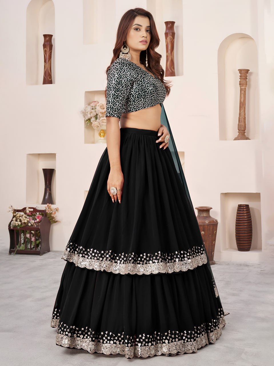 Black Georgette Lehenga Choli with Zari & Sequin Work