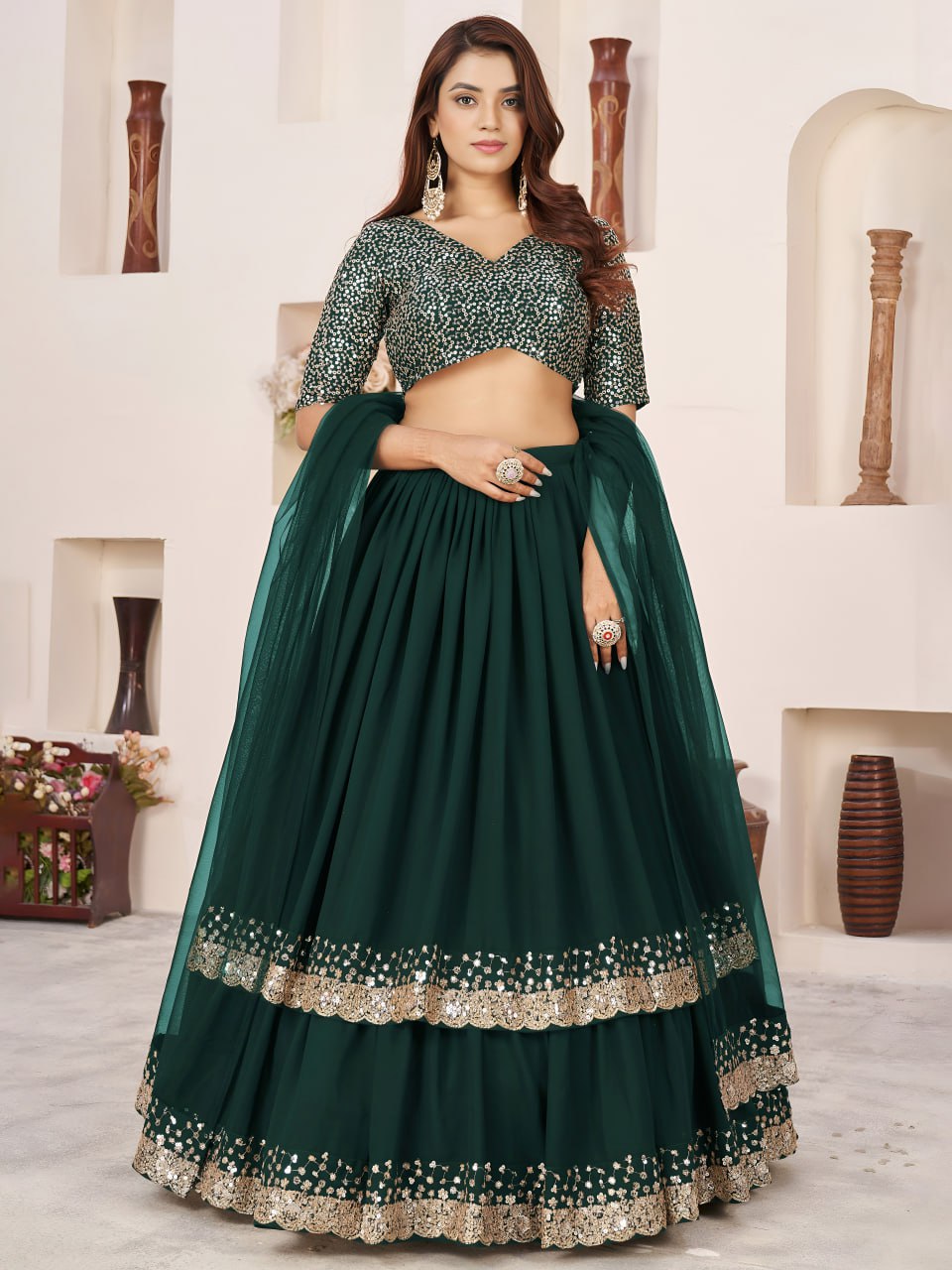 Emerald Green Georgette Lehenga Choli with Zari & Sequin Embroidery