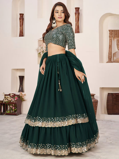 Emerald Green Georgette Lehenga Choli with Zari & Sequin Embroidery