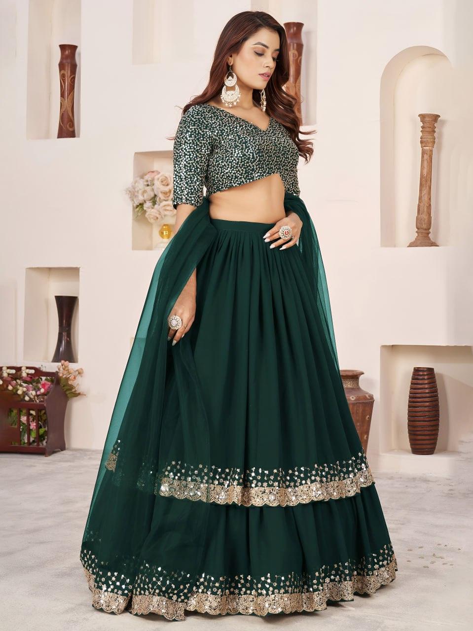 Emerald Green Georgette Lehenga Choli with Zari & Sequin Embroidery