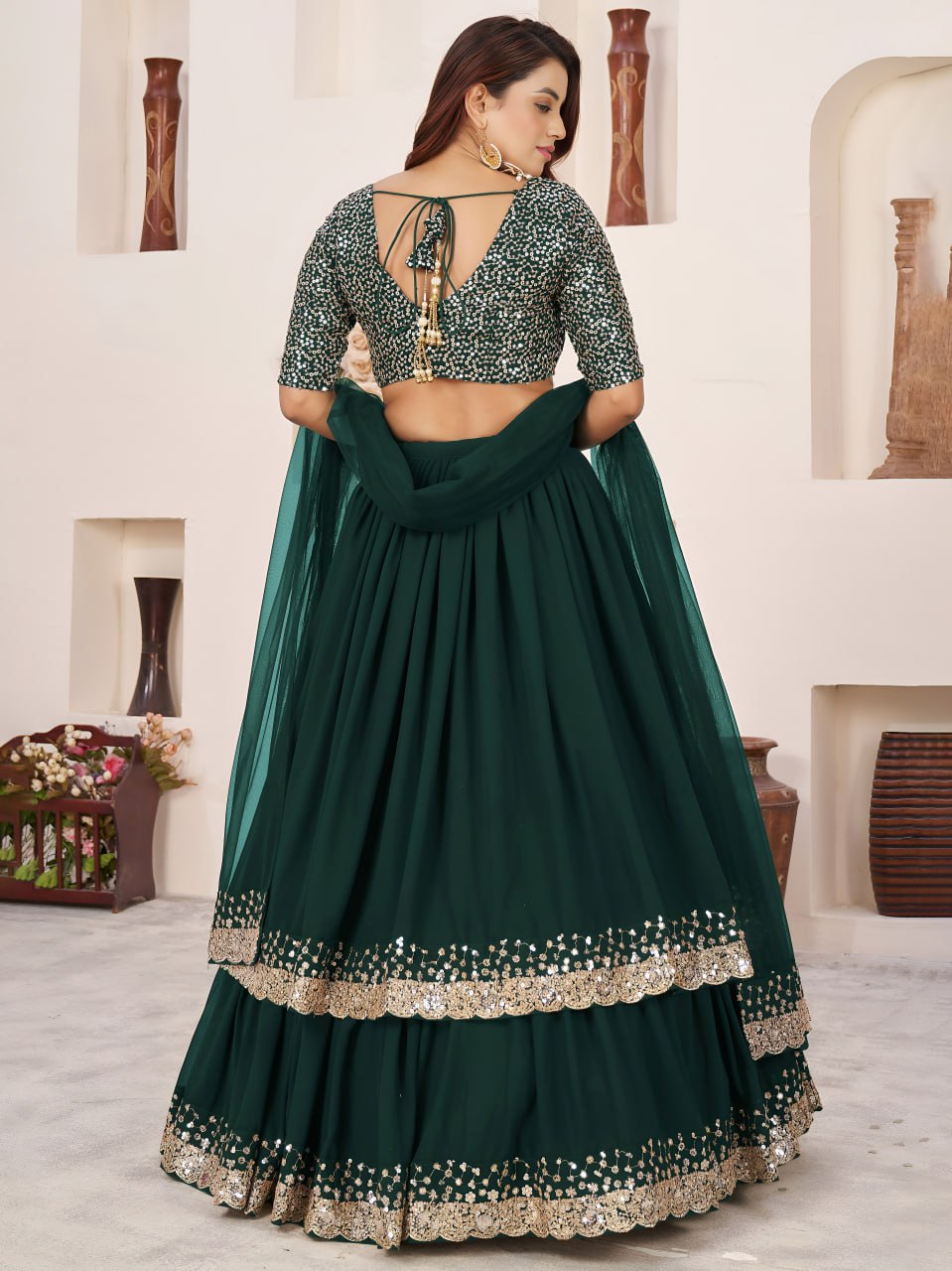Emerald Green Georgette Lehenga Choli with Zari & Sequin Embroidery