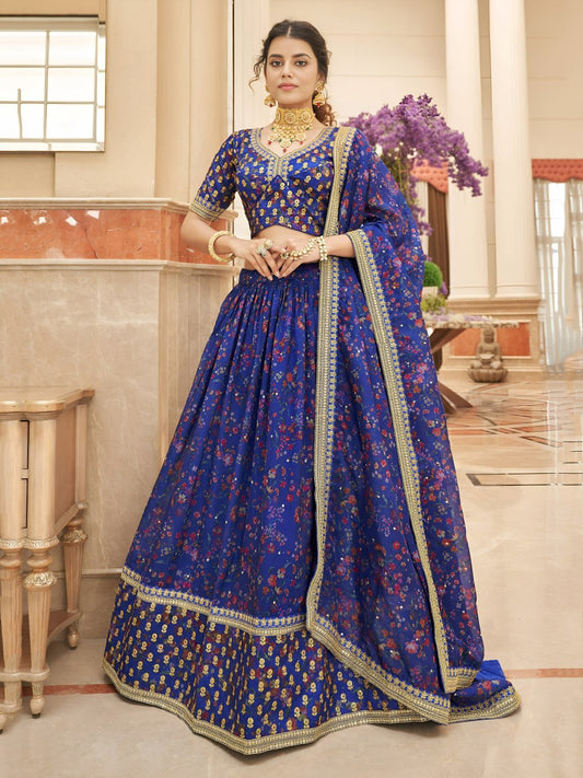 Designer Royal Blue Organza Lehenga Choli with Floral Print Dupatta