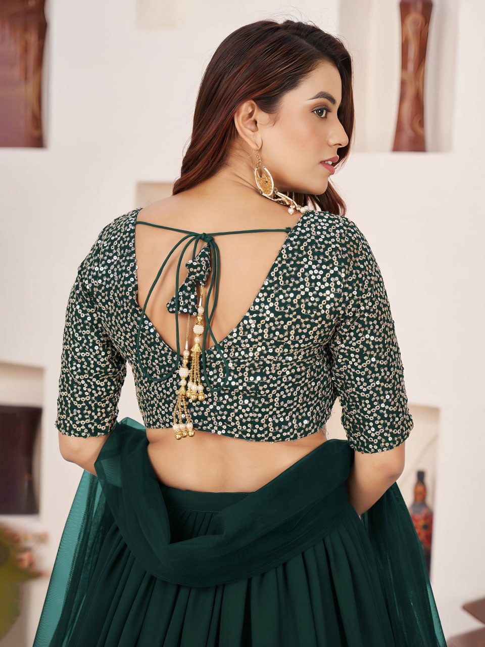 Emerald Green Georgette Lehenga Choli with Zari & Sequin Embroidery