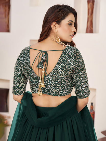 Emerald Green Georgette Lehenga Choli with Zari & Sequin Embroidery
