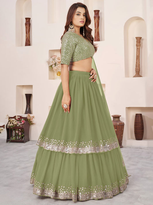 Olive Green Georgette Lehenga Choli with Zari & Sequin Work