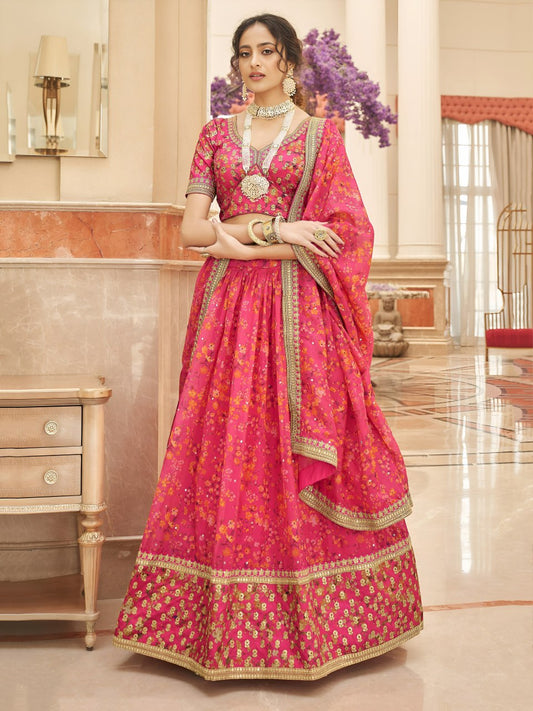 Hot Pink Organza Lehenga Choli with Floral Print Dupatta