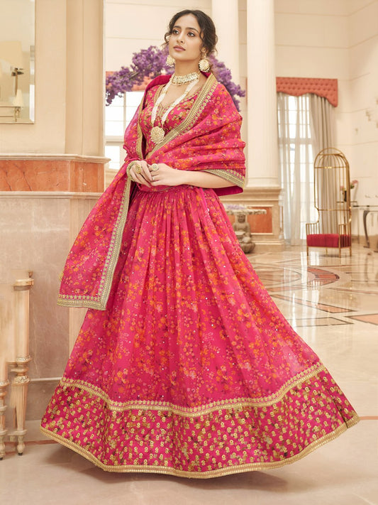 Hot Pink Organza Lehenga Choli with Floral Print Dupatta