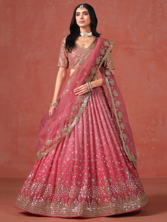 Designer Peach Pink Zari Embroidered Georgette Lehenga Choli