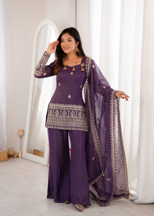 Purple Embroidery Work Bell Bottom Suit for Wedding Functions
