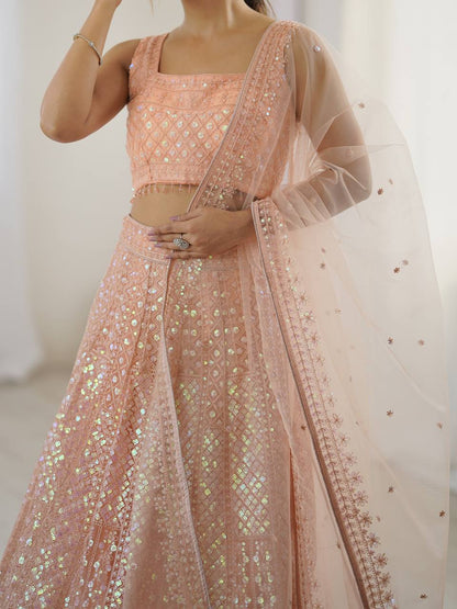 Elegant Peach Net Embroidered Lehenga Choli for Bridesmaids