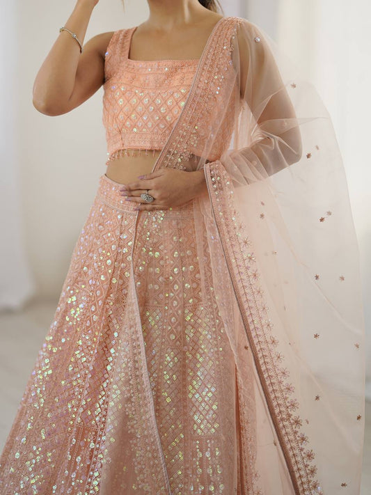Elegant Peach Net Embroidered Lehenga Choli for Bridesmaids