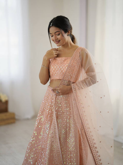 Elegant Peach Net Embroidered Lehenga Choli for Bridesmaids