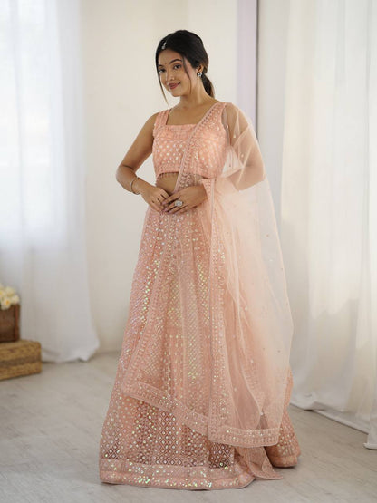 Elegant Peach Net Embroidered Lehenga Choli for Bridesmaids