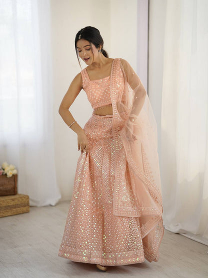 Elegant Peach Net Embroidered Lehenga Choli for Bridesmaids
