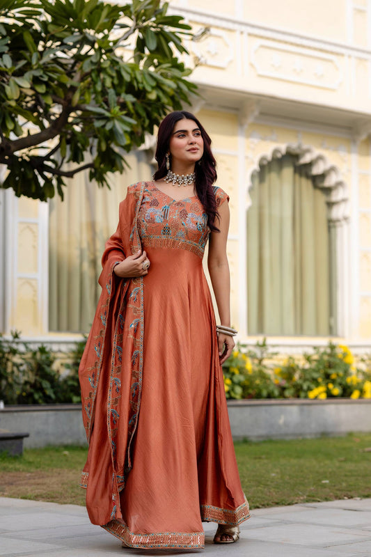 Rust Orange Silk Embroidered Anarkali Gown with Dupatta