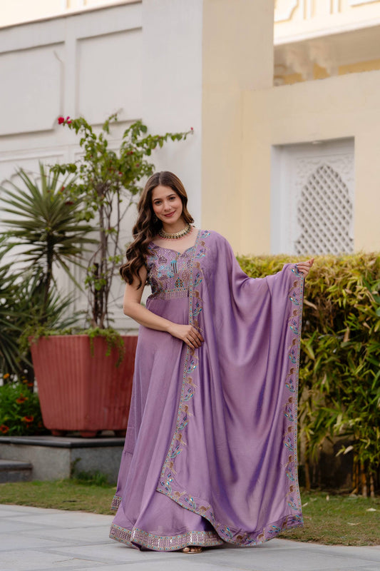 Lavender Silk Embroidered Anarkali Gown with Dupatta