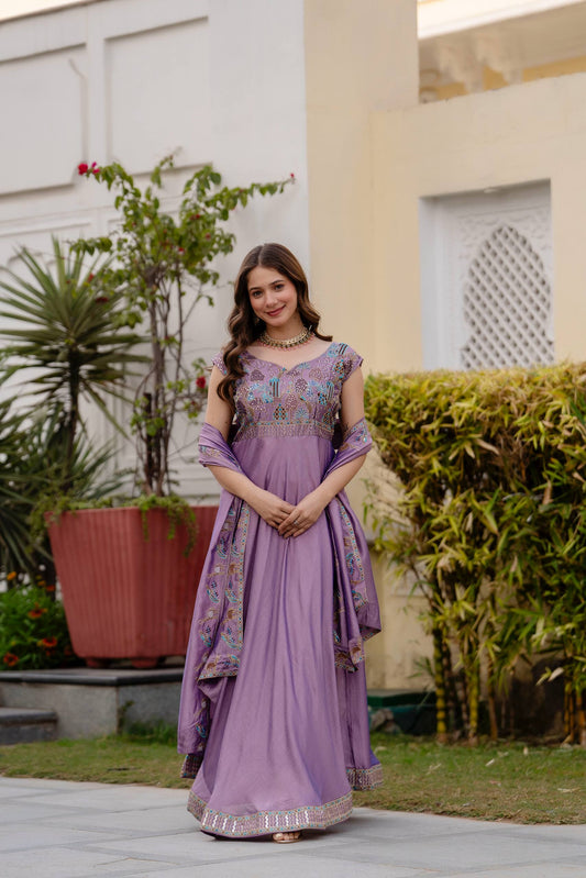 Lavender Silk Embroidered Anarkali Gown with Dupatta