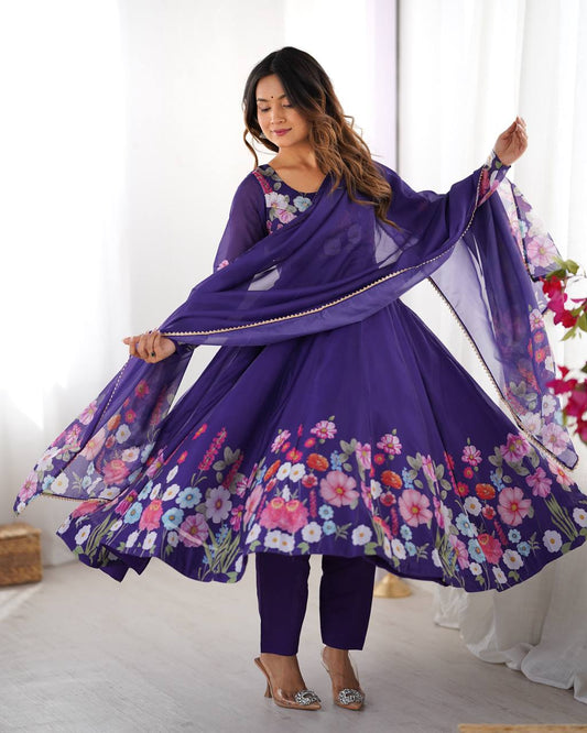 Purple floral printed Anarkali suit set with dupatta