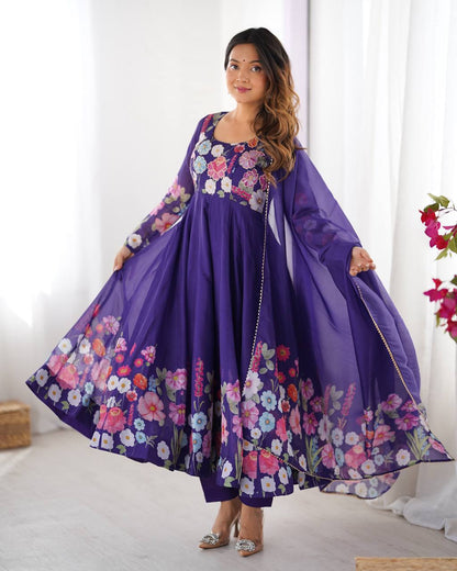 Purple floral printed Anarkali suit set with dupatta