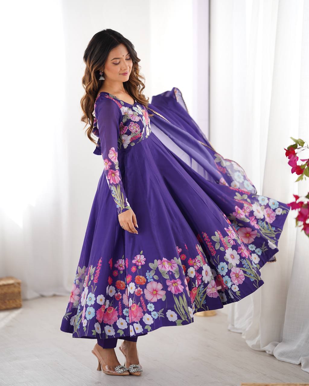 Purple floral printed Anarkali suit set with dupatta