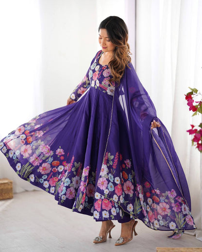 Purple floral printed Anarkali suit set with dupatta