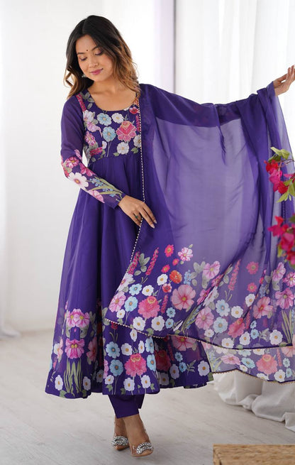Purple floral printed Anarkali suit set with dupatta