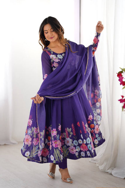 Purple floral printed Anarkali suit set with dupatta