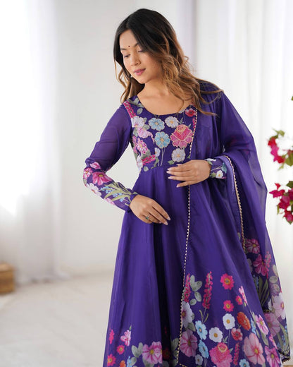 Purple floral printed Anarkali suit set with dupatta