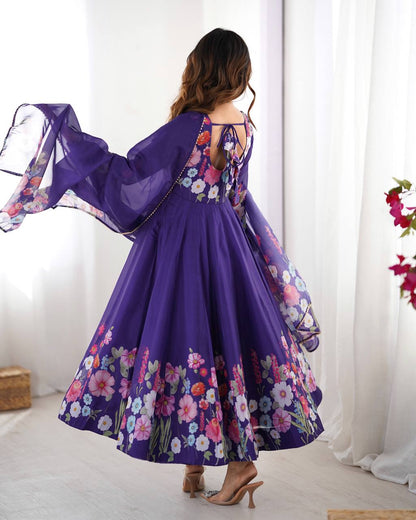 Purple floral printed Anarkali suit set with dupatta